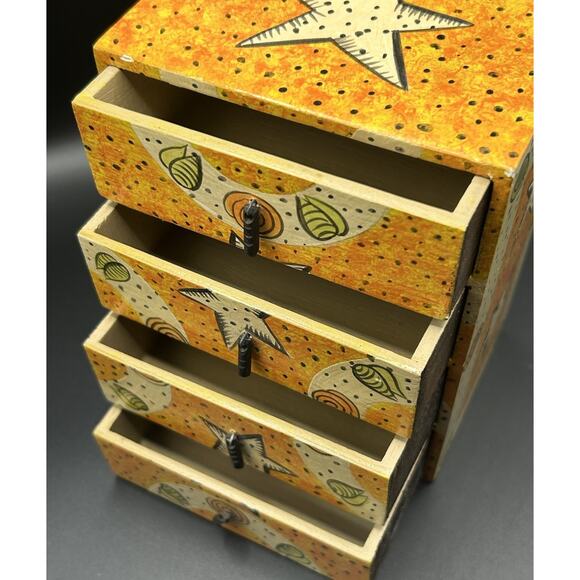 Vintage Folk Art Hand Painted Wooden 4 Drawers Jewelry Box 6.25” Tall Peru - Picture 2 of 9